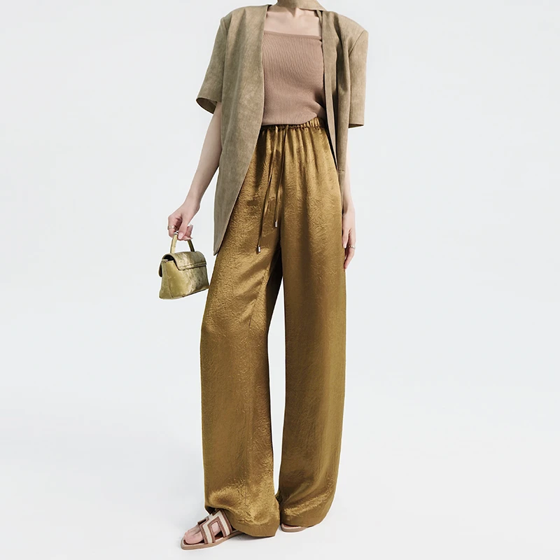 芭莎金醋酸阔腿裤女2024夏季薄款高腰垂感休闲百搭慵懒冰丝垂垂裤