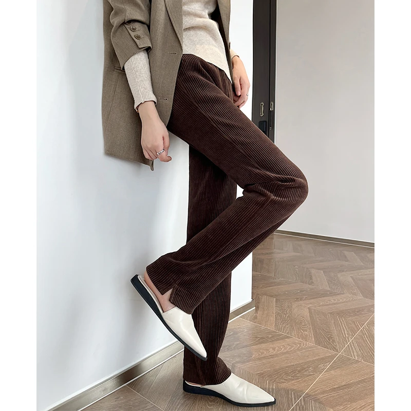 棕色雪尼尔窄版阔腿裤女2023新款秋冬高腰垂感开叉灯芯绒直筒裤子