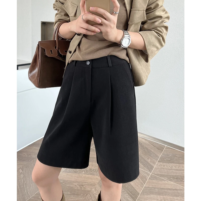 五分毛呢短裤女2023秋冬新款小个子高腰外穿a字阔腿休闲中裤黑色