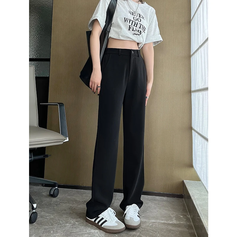 小个子黑色西装裤女春秋2023新款高腰垂感显瘦拖地直筒窄版阔腿裤
