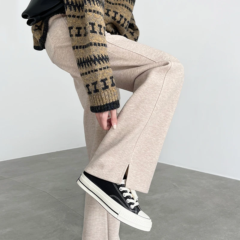 毛呢阔腿裤女秋冬2024新款高腰直筒加绒裤子人字纹加厚窄版香蕉裤