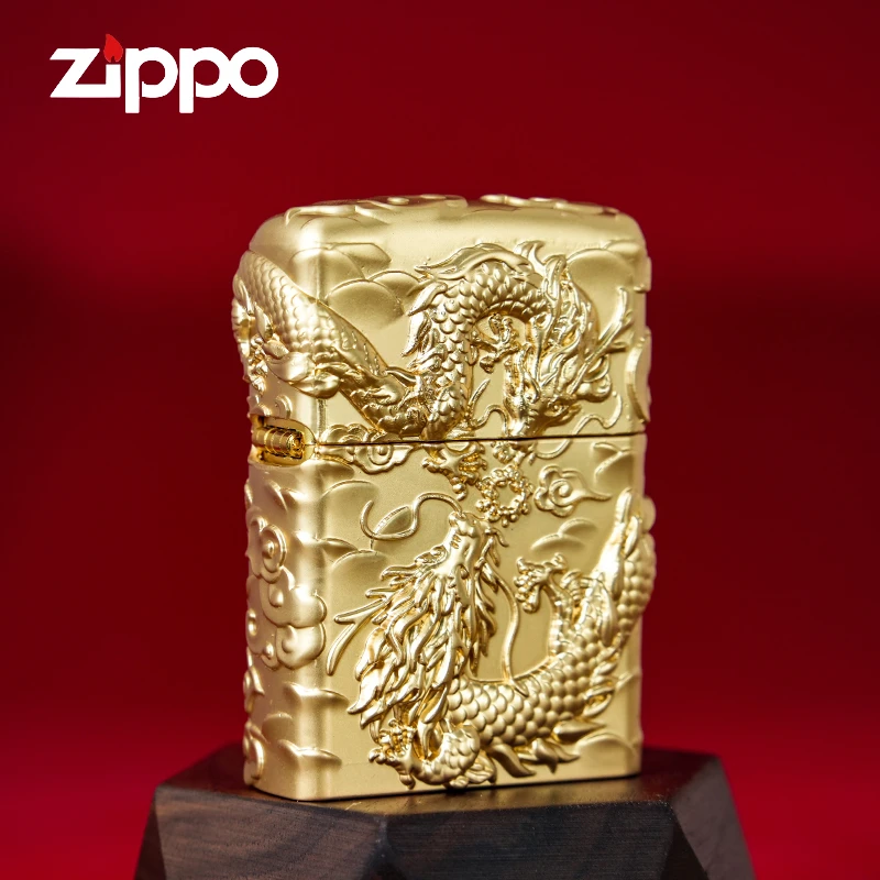 ZIPPO/之宝双龙戏珠 立体浮雕镀金重甲礼盒装防风打火机DYJ1