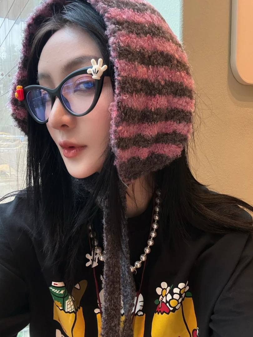 【树莓果酱】复古时髦条纹绑带针织毛线耳套秋冬甜美可爱Y433