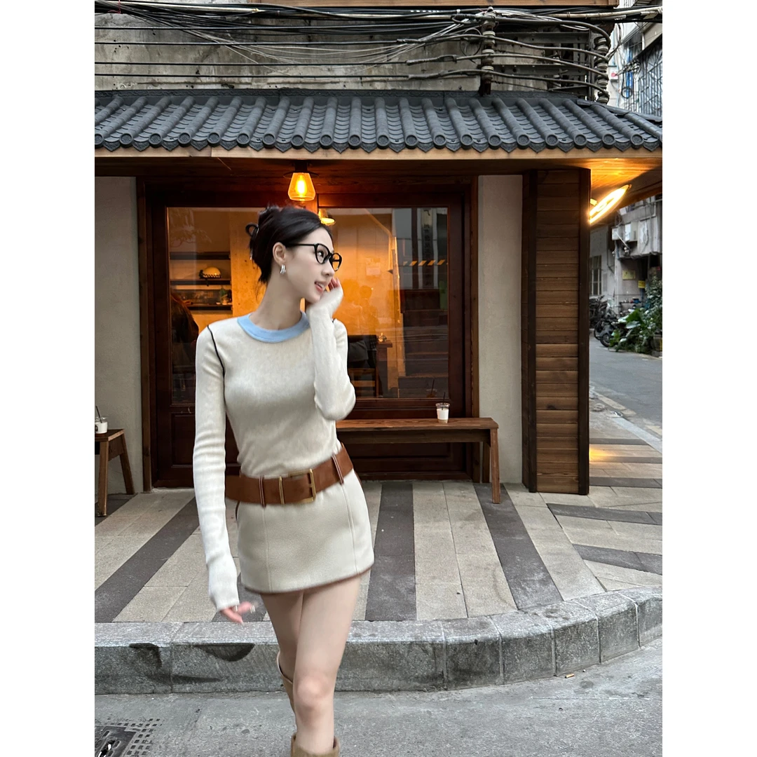 绵羊毛撞色毛衣女+短裙套装冬季显瘦修身高腰显瘦A字裙子两件套
