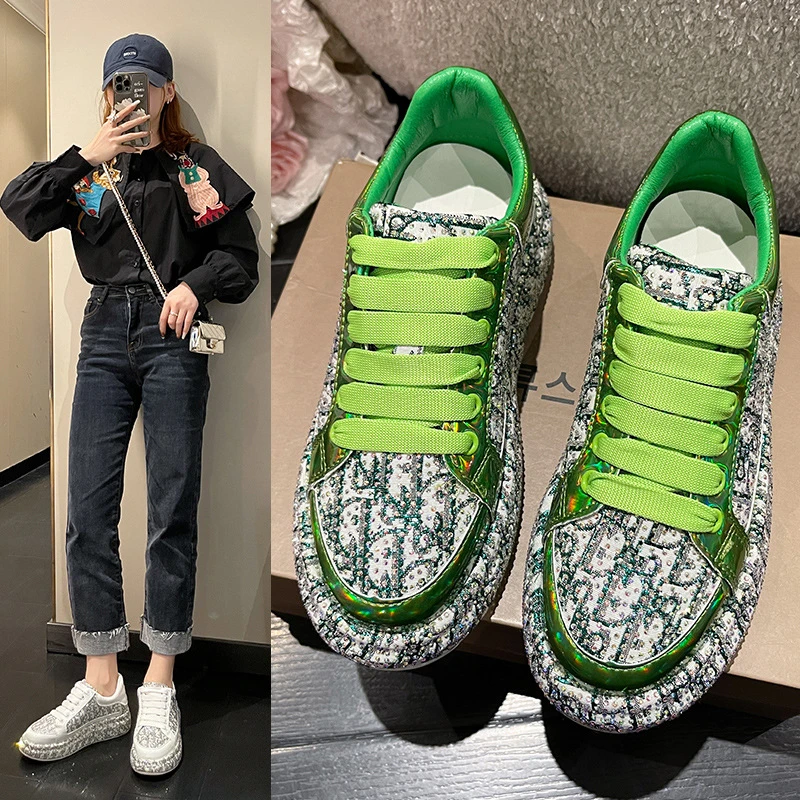 新款网红时尚百搭透气潮流潮鞋高帮满钻鞋女厚底水钻休闲运动板鞋