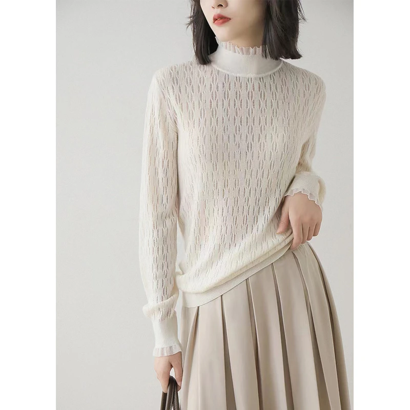 羊毛衫女时尚镂空上衣套头百搭白色打底衫蕾丝韩版宽松长袖针织衫