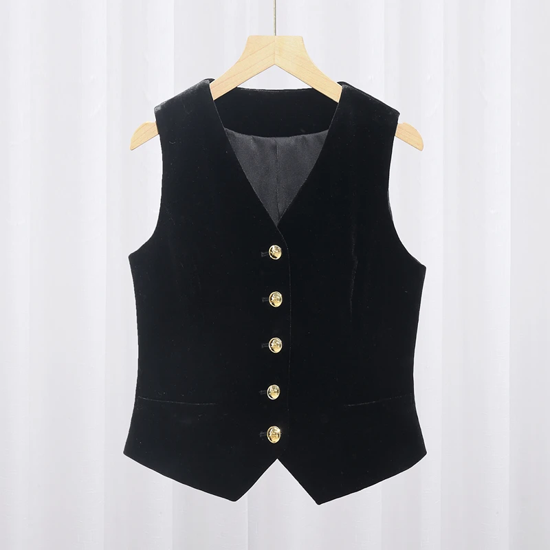 秋季女款马夹小香风黑色丝绒外搭时尚外穿短款无袖西服小马甲