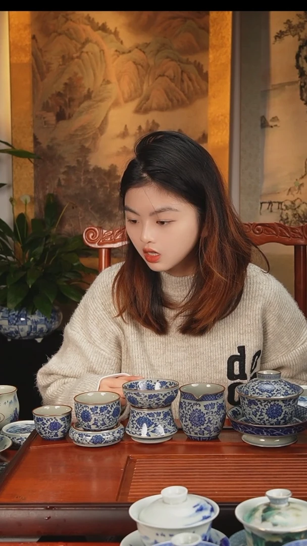 【闪购商品】陶瓷杯老泥缠枝莲大盖碗11件套