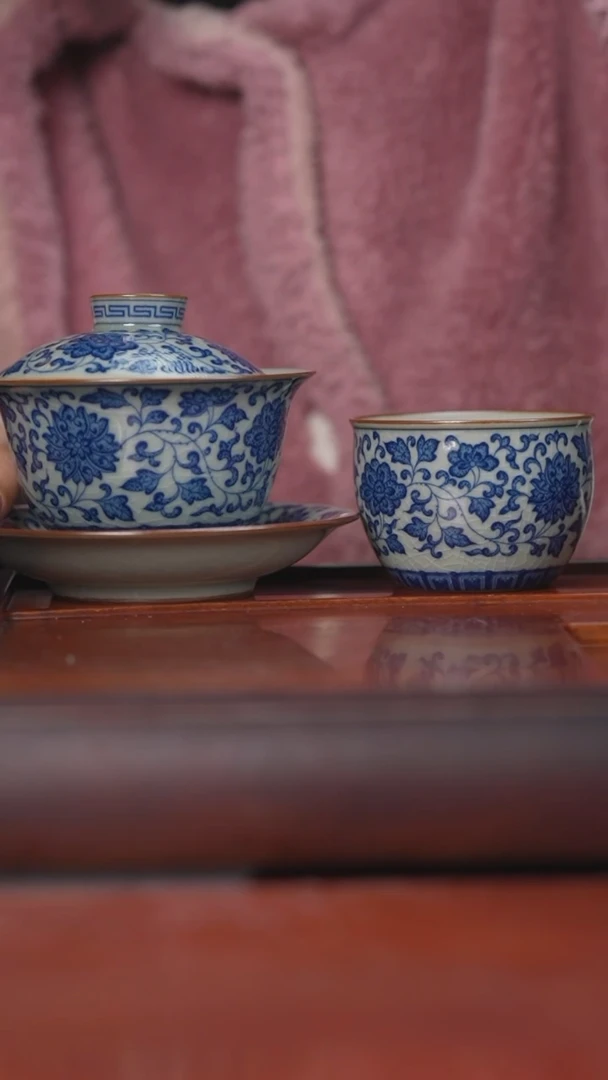 【闪购商品】陶瓷杯老泥缠枝莲盖碗缸杯