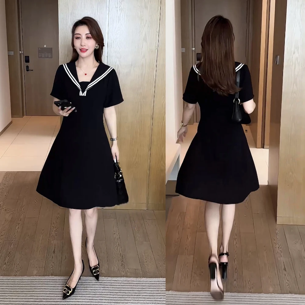 气质黑色女2024夏季新款海军领收腰显瘦法式赫本风小个子小黑裙