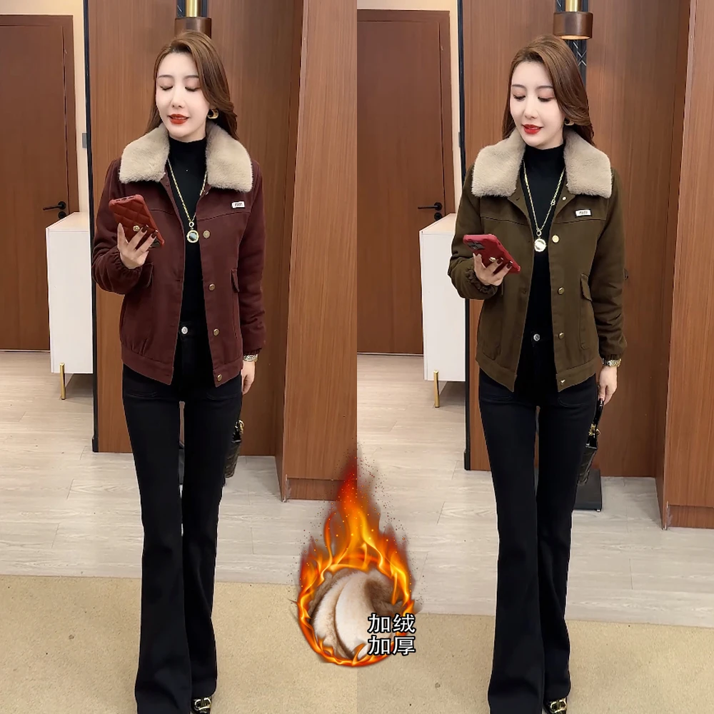 【秋雨仪人】加绒加厚短款外套女新款冬季毛领显瘦小个子保暖上衣潮