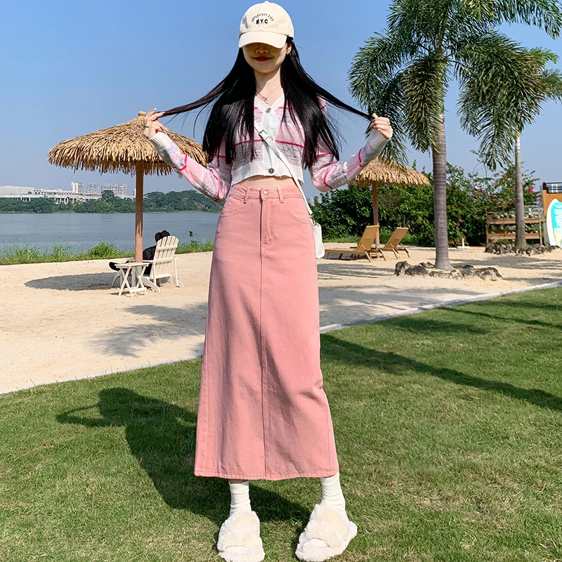 高腰牛仔半身裙女2024夏季新款粉色a字中长款显瘦包臀裙子辣妹潮