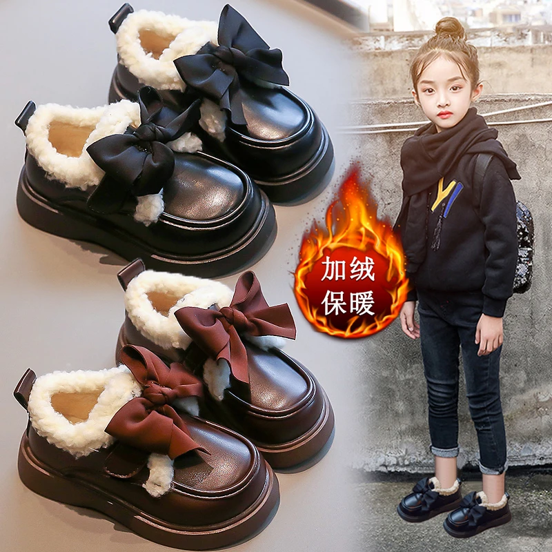 女童加绒小皮鞋蝴蝶结2023秋冬新款保暖公主鞋厚底