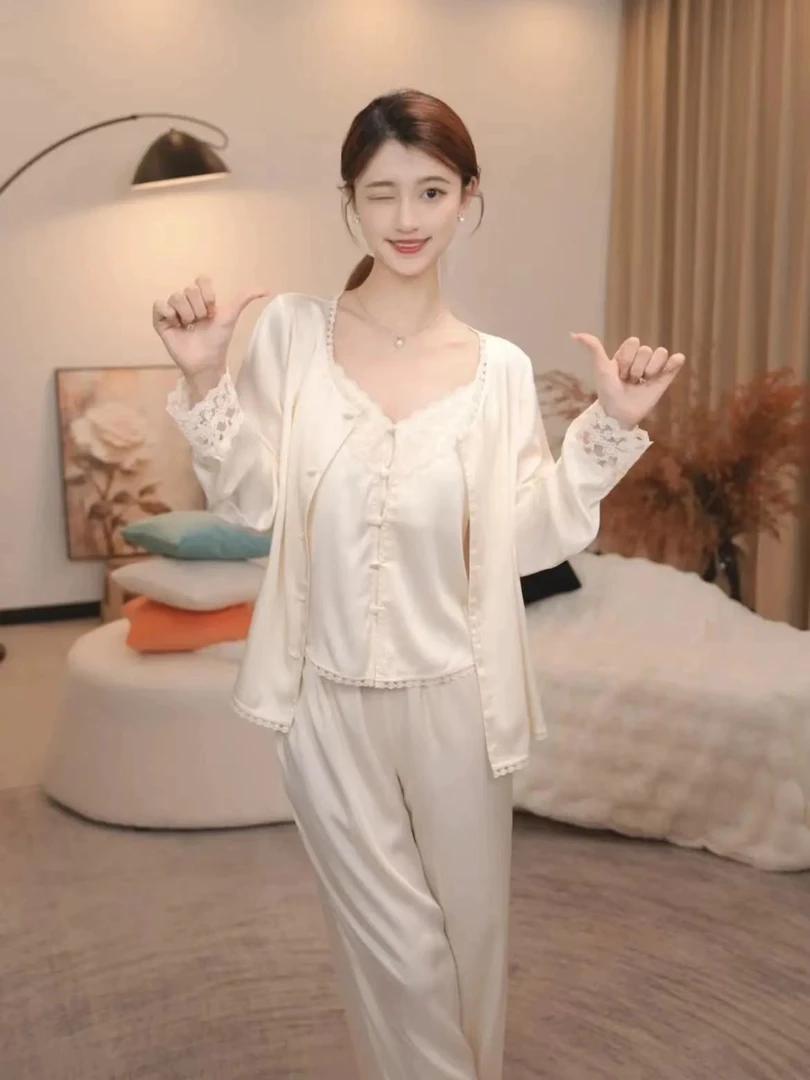 【三件套】新品春秋薄款长袖吊带宽松套装蕾丝家居服