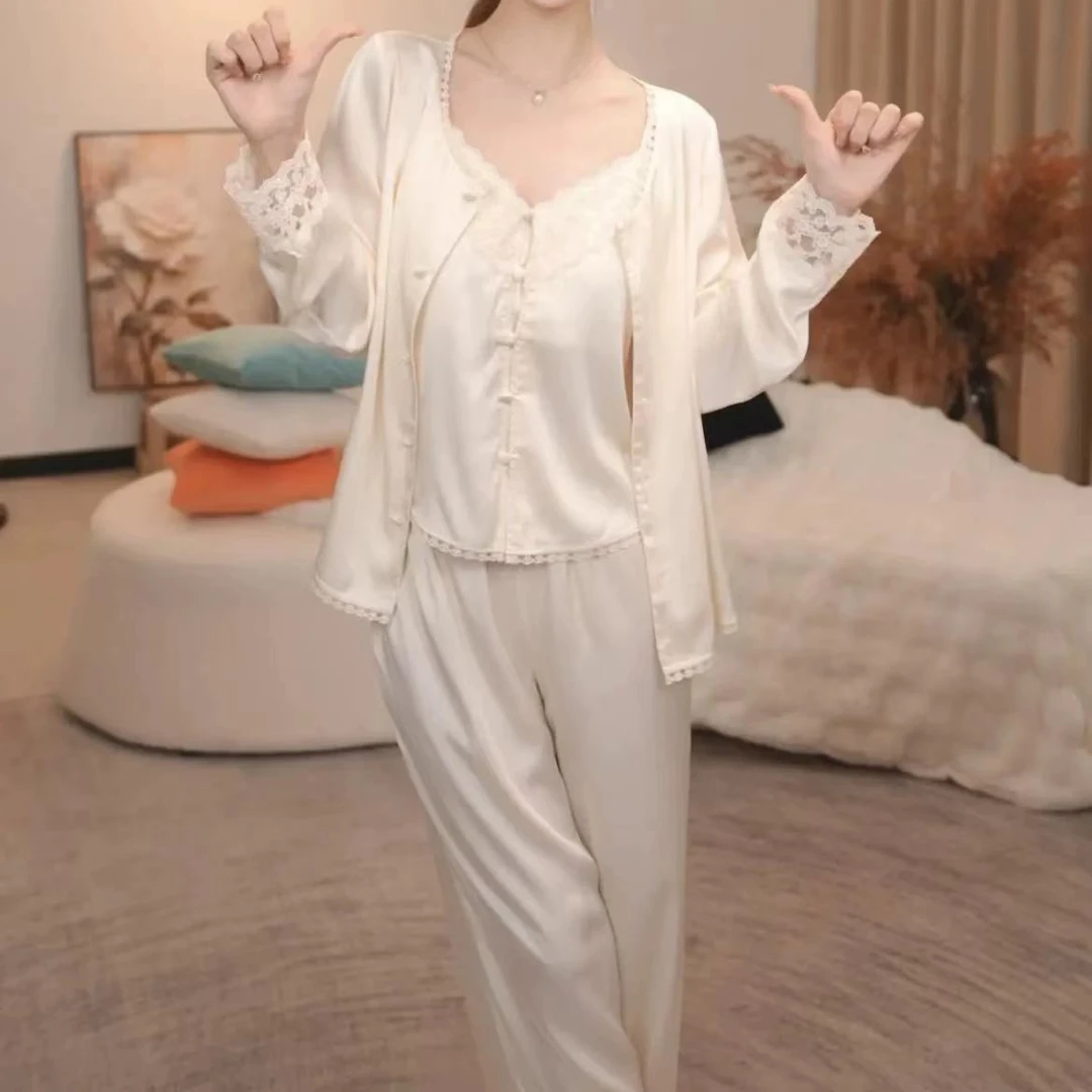 【三件套】新品春夏薄款长袖吊带宽松套装蕾丝家居服