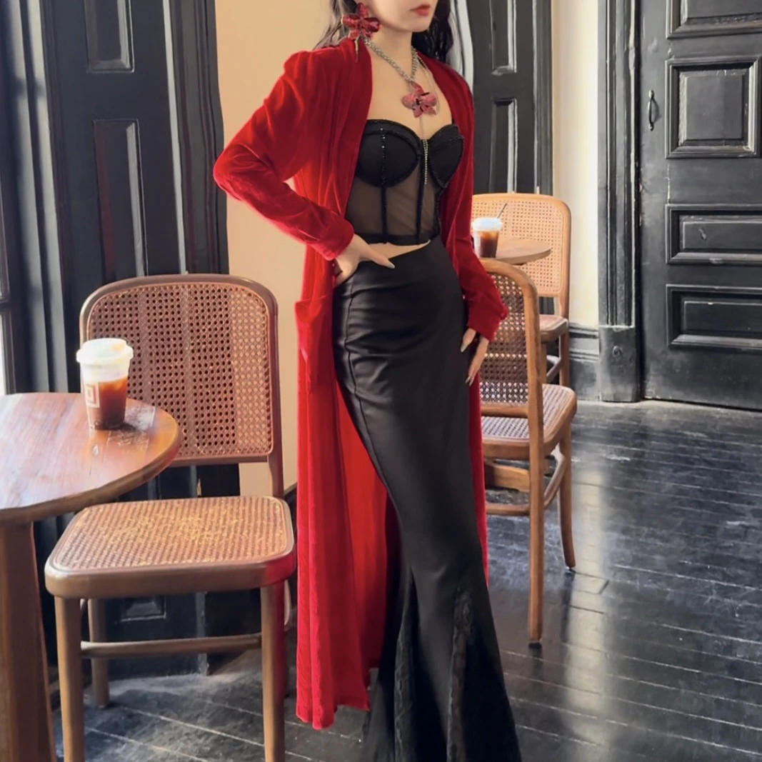 【Seven】天鹅绒中长款开衫披风外套