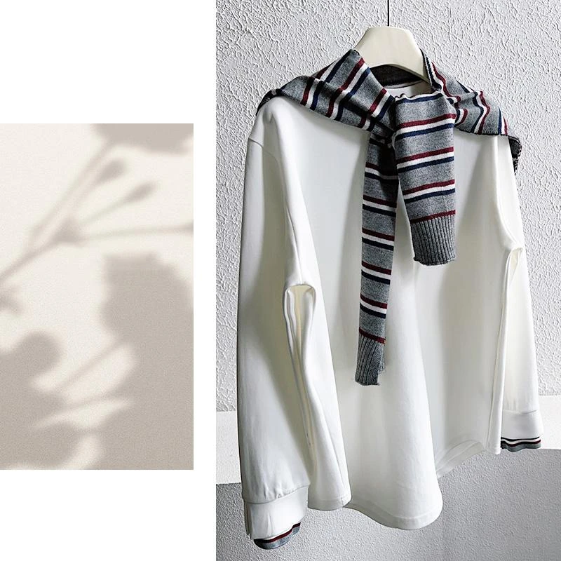 S505 白色卫衣条纹披肩2024秋冬新款新款时尚长袖圆领百搭卫衣