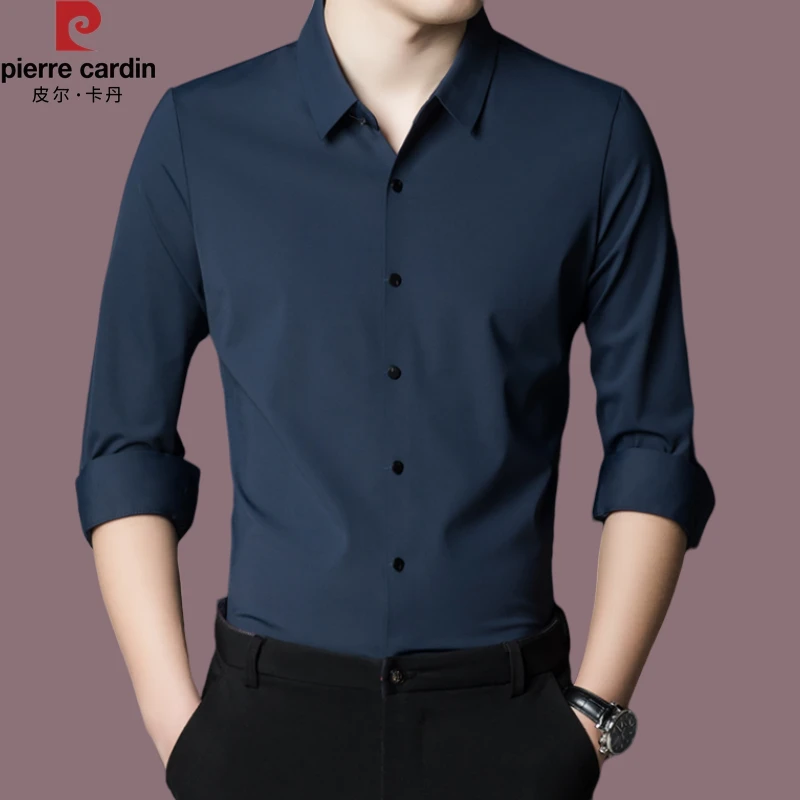【皮尔卡丹】高端名牌桑蚕丝衬衫男长袖秋季无痕商务休闲纯色衬衣男