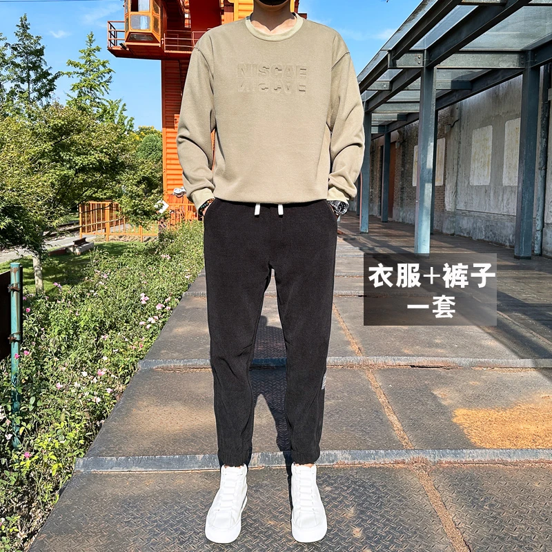 百搭爆款2025秋冬新款宽松潮流保暖潮男士休闲套装两件套帅气一套