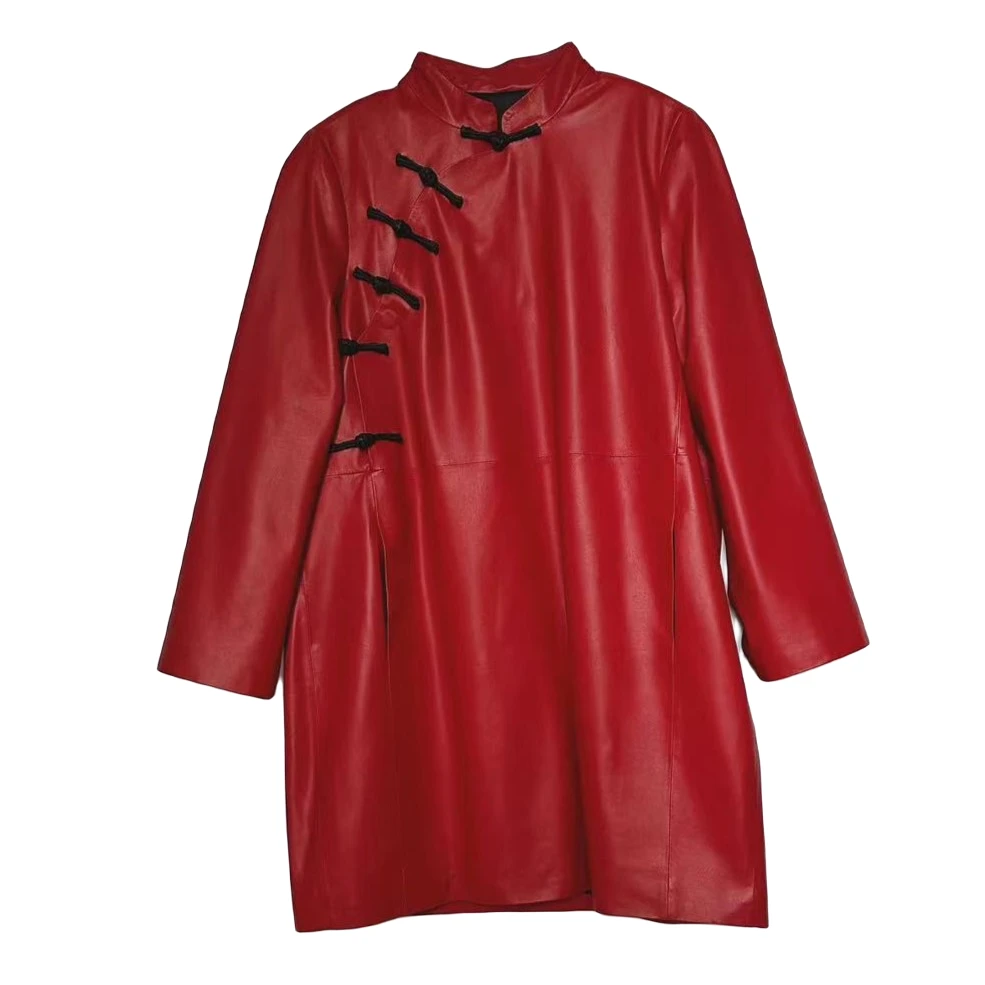 {天泽}时尚中国风中长款复古皮衣