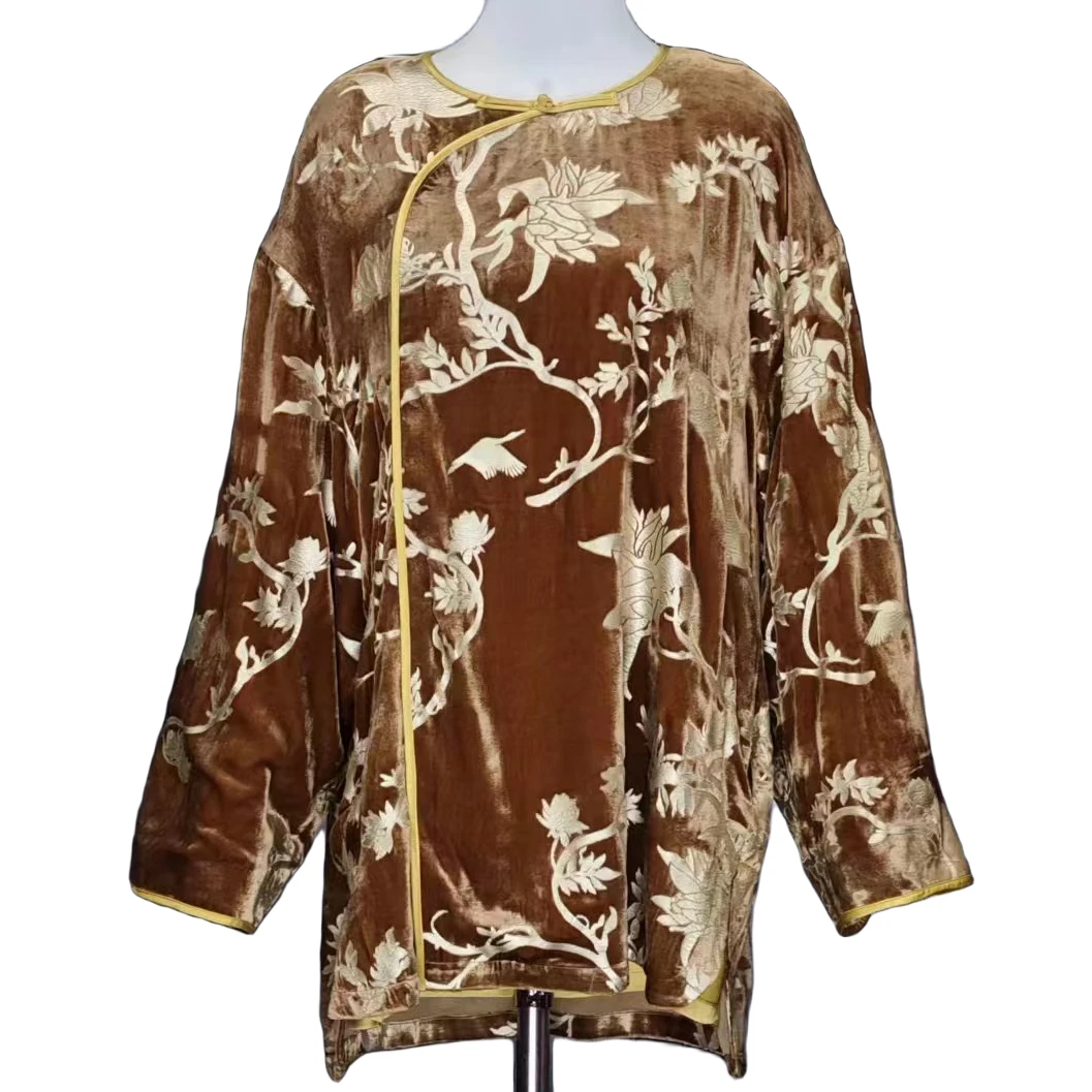 时尚圆领中式网红气质休闲长袖上衣衬衫印花打底女士双面