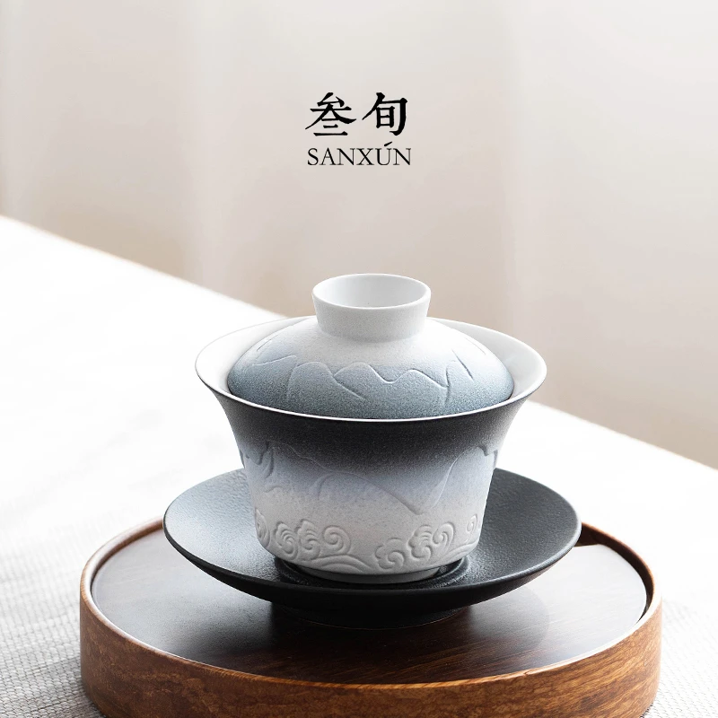 叁旬山海观盖碗茶杯单个大号三才盖碗陶瓷手工功夫茶具家用泡茶碗