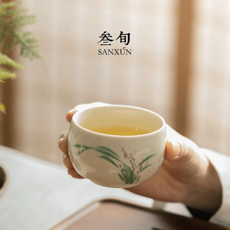 手绘兰花主人杯茶杯创意陶瓷单杯家用个人喝茶专用高档品茗杯