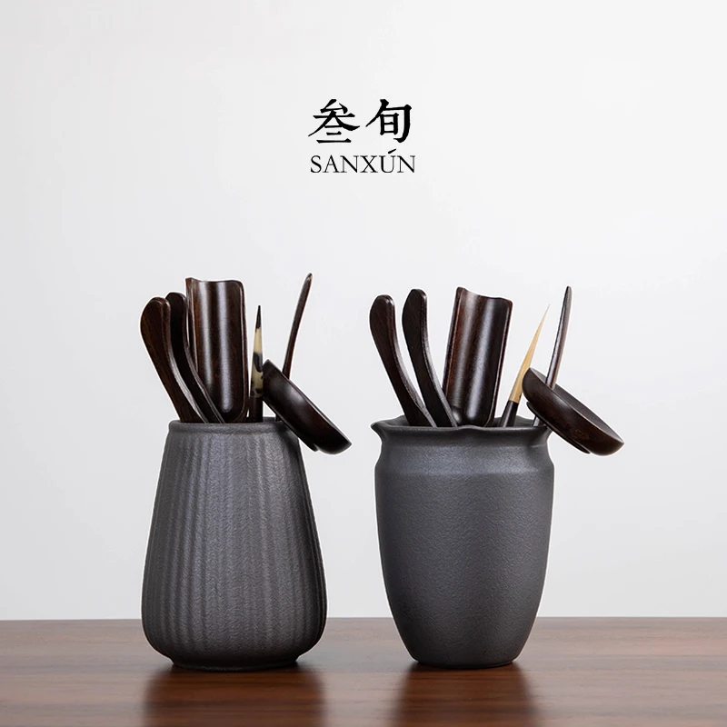 叁旬黑陶茶道六君子套装黑檀木实木茶筒茶艺组合创意功夫茶具配件