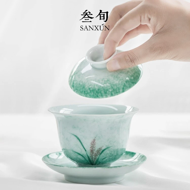叁旬 手绘蒹葭盖碗茶杯陶瓷家用单个大号防烫功夫泡茶碗高档茶具