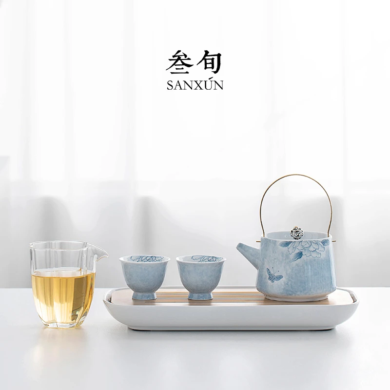 叁旬手绘蝶恋花提梁壶四件套泡茶壶陶瓷家用功夫茶具套装轻奢高档