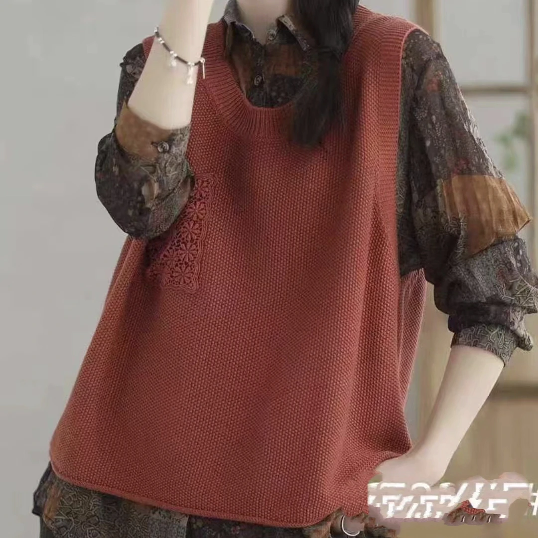 启惠假两件毛衣针织衫洋气百搭复古宽松无袖马甲F一07款上衣时尚