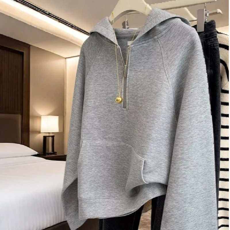 秋冬oversize美式半拉链外搭帽衫宽松大码慵懒风灰色连帽长袖卫衣