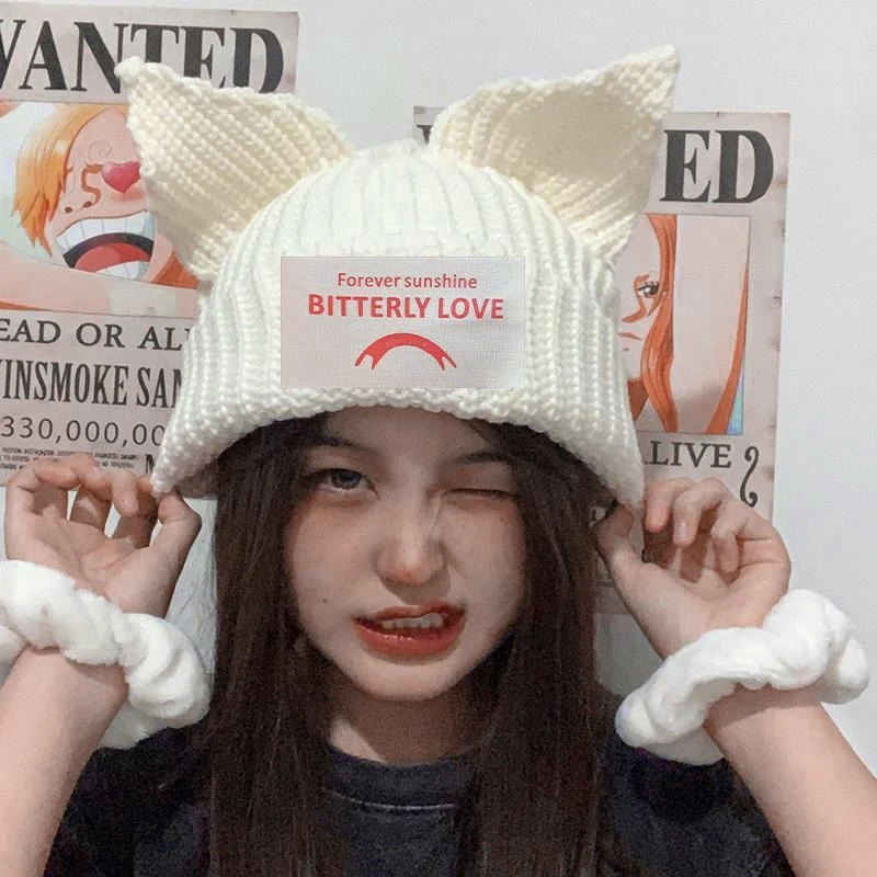 欧美小众设计个性猫耳朵情侣款毛线帽大头围针织毛线帽可爱保暖