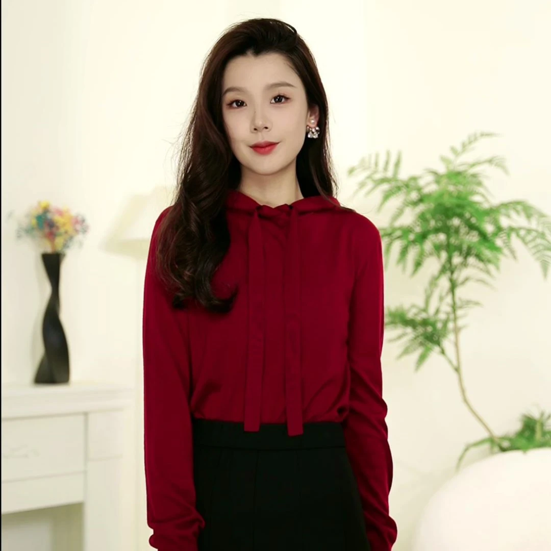 GIRDEAR/哥弟休闲时尚百搭新款抽绳连帽红色针织卫衣显瘦 1399450