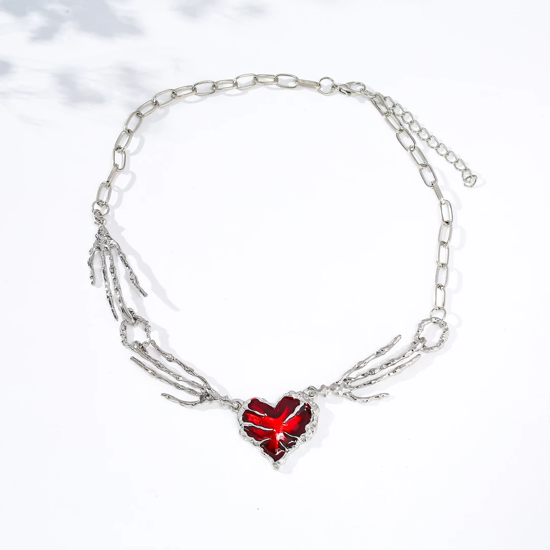 合金项链 【艺凡】甜酷鬼爪拼接红色爱心项链小众设计夸张朋克风