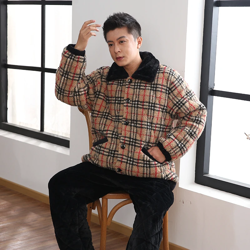 三昌睡衣男冬季加厚加绒珊瑚绒时尚三层夹棉男士睡衣家居服法兰绒