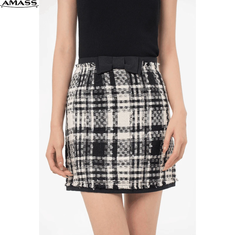 AMASS/阿玛施秋季新款轻奢质感经典黑白格小香风半身裙子5200486