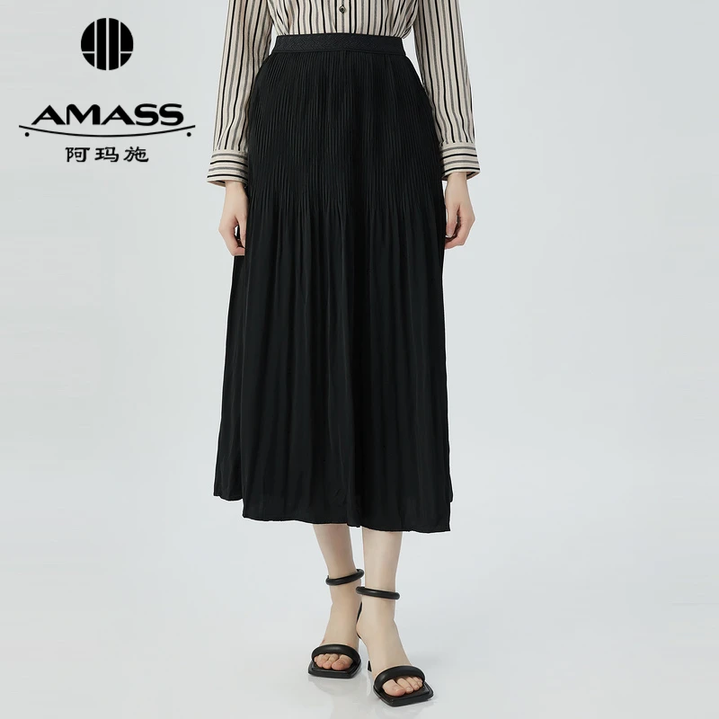 AMASS/阿玛施新款女装松紧腰纯色百褶裙气质中长款半身裙5200387