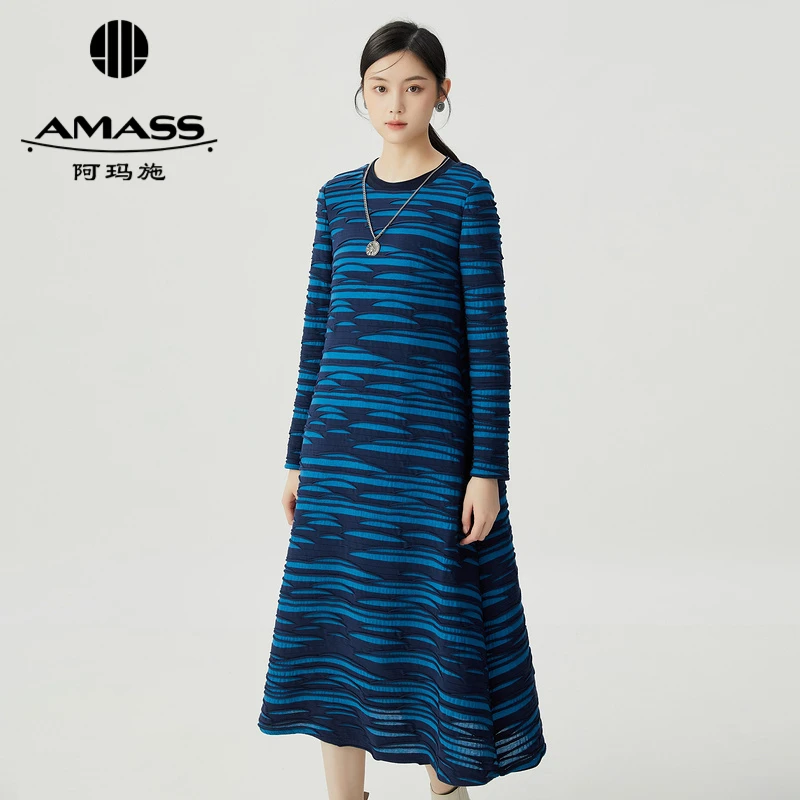 AMASS/阿玛施新款圆领气质压褶蓝波纹印花A字连衣裙长裙子5500080