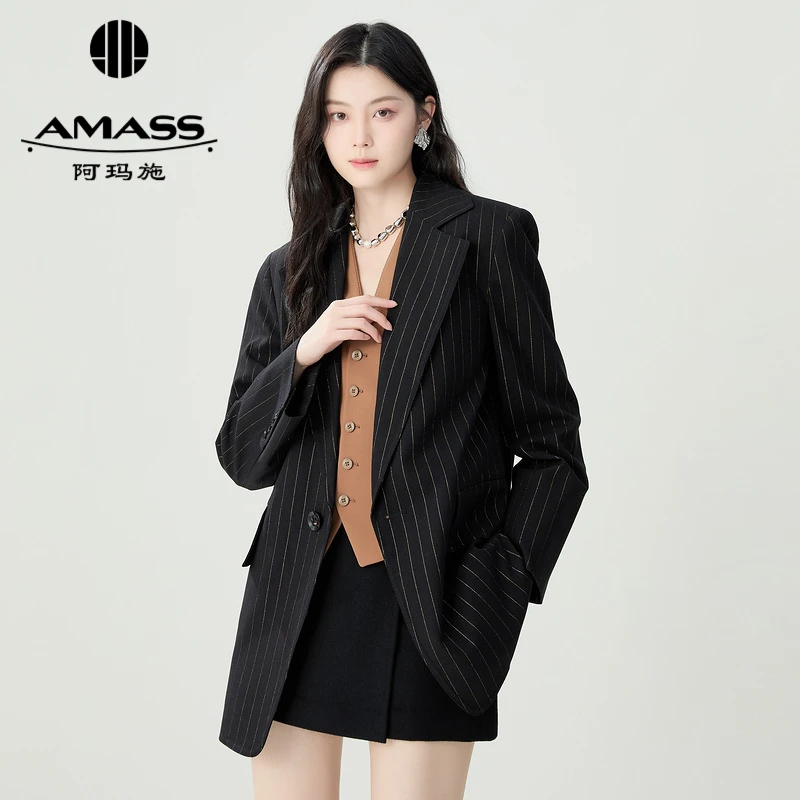 AMASS/阿玛施休闲商务经典春夏修身条纹灰色西服女款5400904