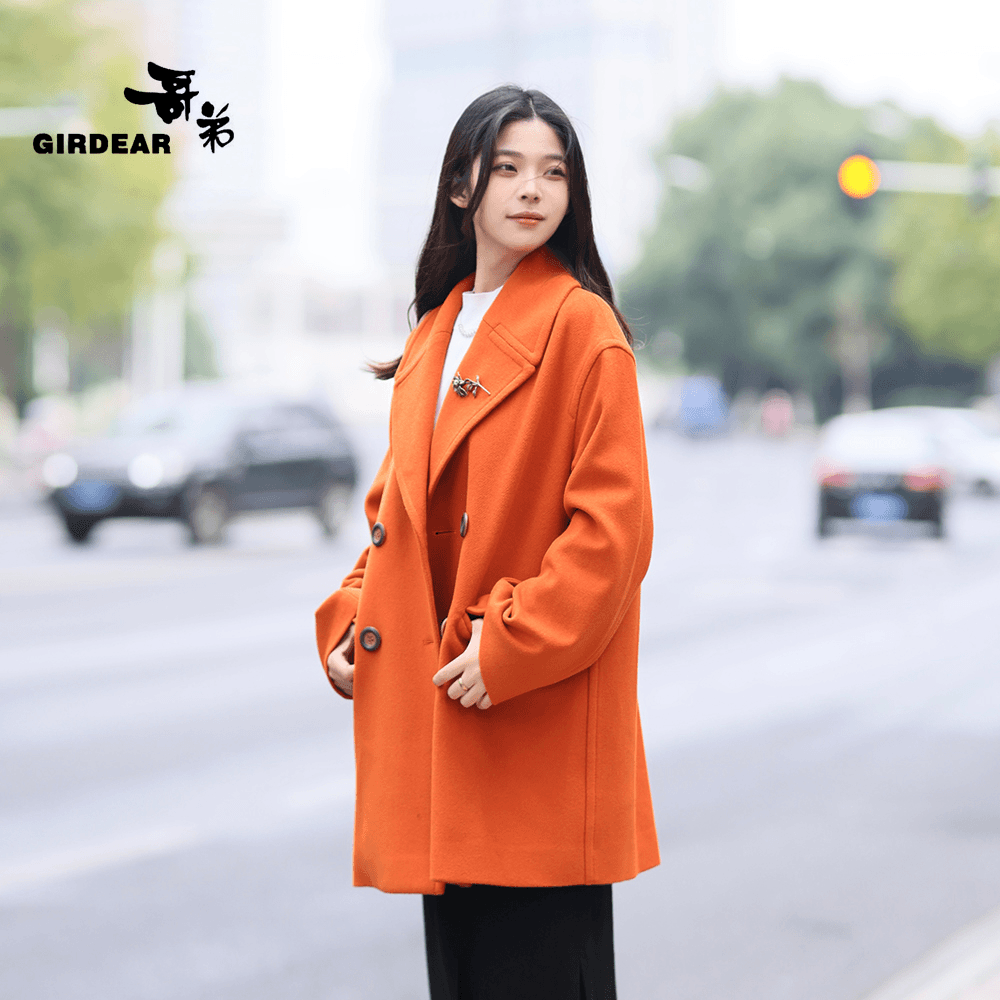 GIRDEAR/哥弟气质时尚中长款宽松绵羊毛翻领双面呢外套1400658