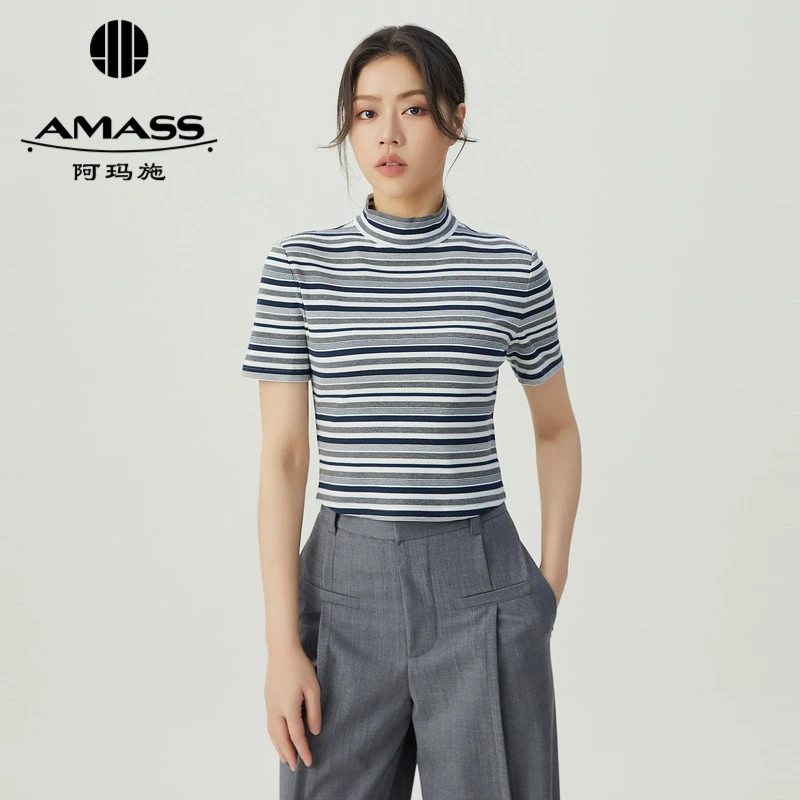 AMASS/阿玛施气质半高领条纹自然收腰打底衫显瘦短袖t恤女5301006