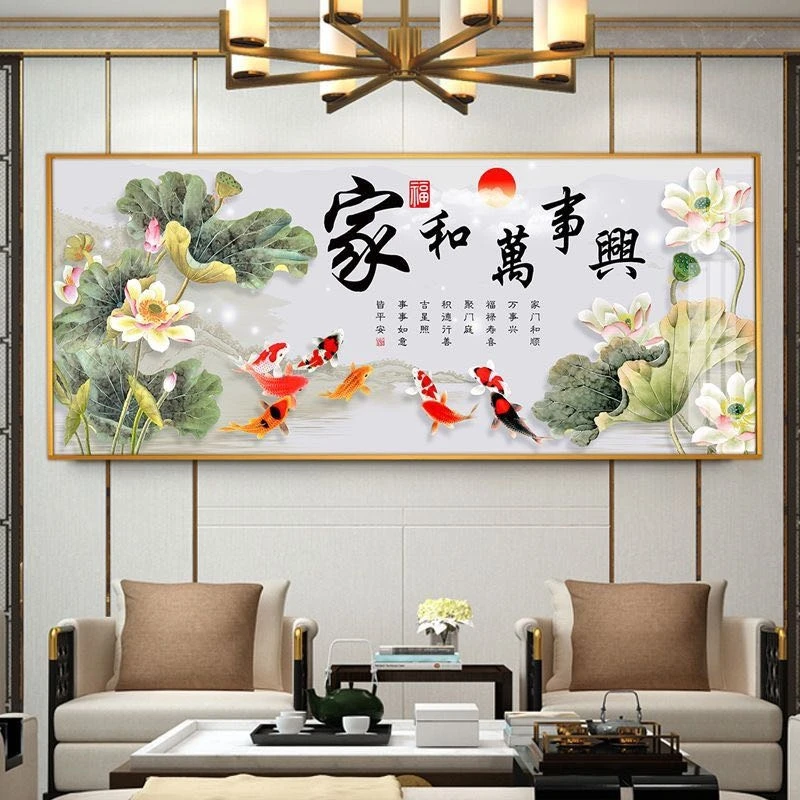 横幅九鱼客厅背景墙晶瓷镶钻装饰画挂画包邮单幅立体抽象轻奢简约