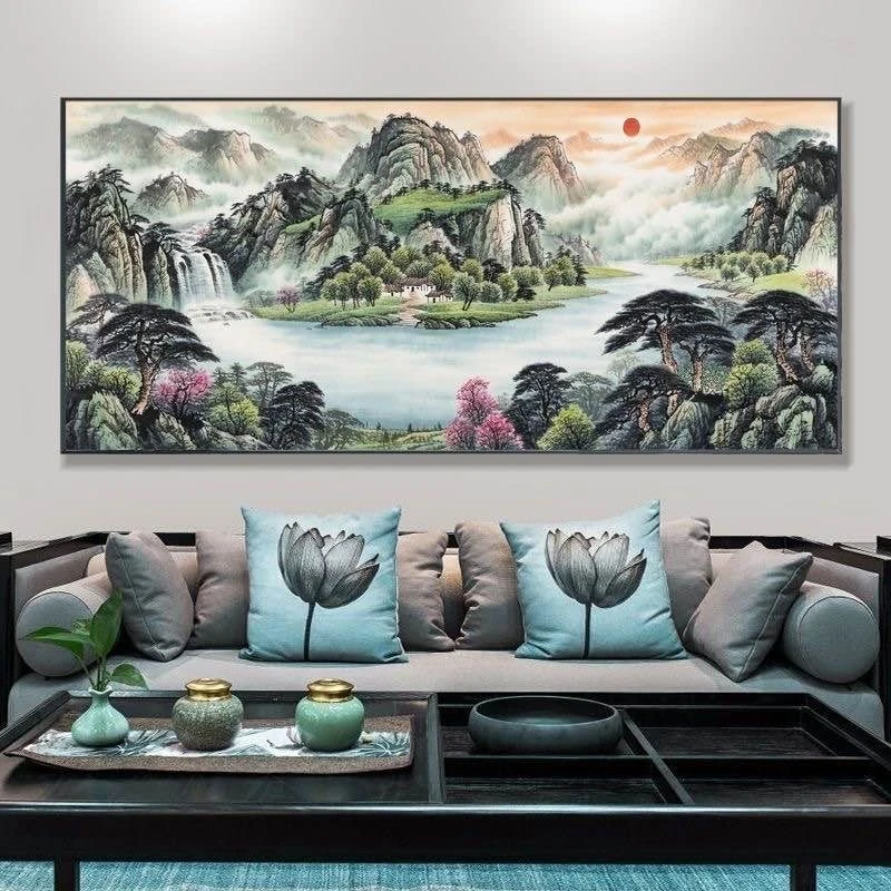 横幅客厅沙发旭日东升,聚宝盆。八方来财。沙发背景晶瓷镶钻装饰画