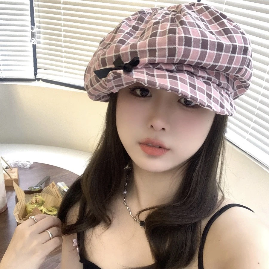 韩版女团风粉色格纹八角帽子女可爱甜酷蝴蝶结云朵帽显脸小画家帽