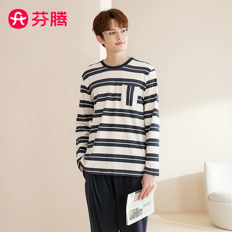 芬腾【纯棉条纹印花】23早秋套头圆领长袖透气家居服套装男士睡衣男