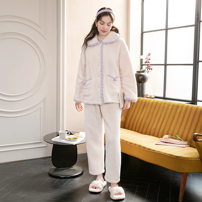 芬腾【时尚少女暖绒】250g秋冬翻领系扣长袖家居服女士睡衣套装女