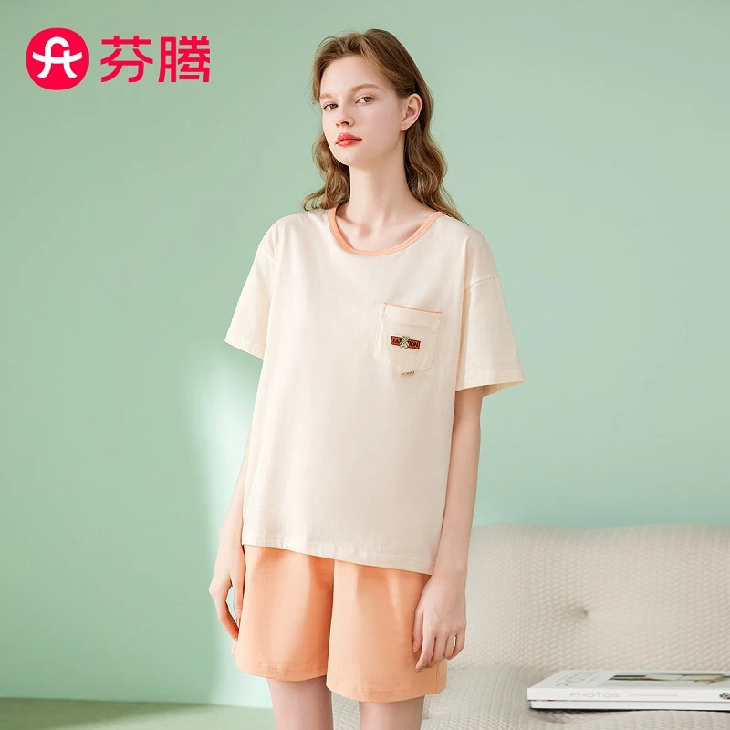 芬腾防螨100%纯棉夏季加固圆领纯色宽松外出短袖家居服套装女睡衣