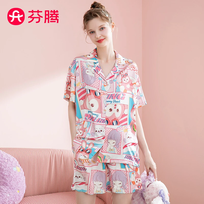 芬腾粉黛兔IP仿丝夏季翻领短袖少女风开衫家居服睡衣女士套装女