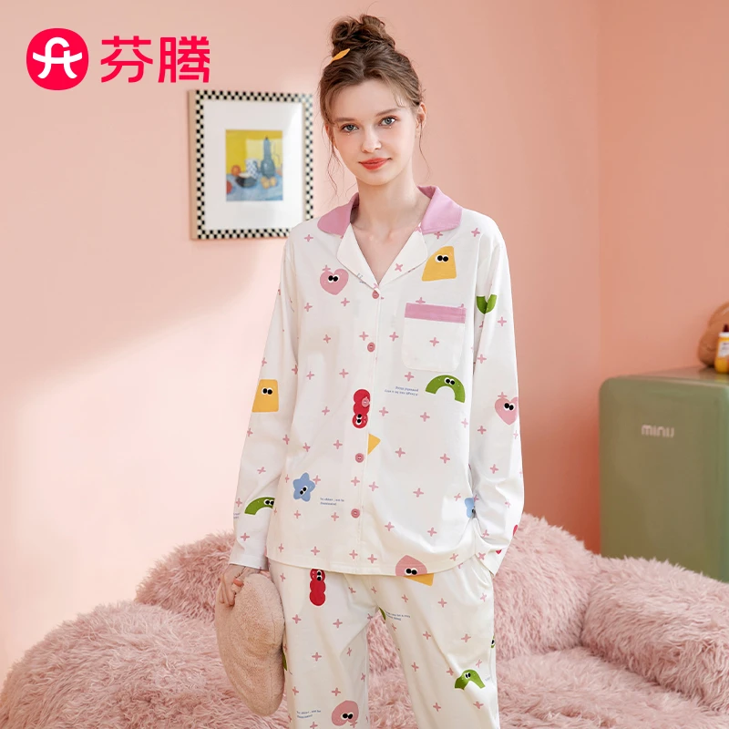 芬腾【纯棉趣味印花】早秋V领系扣长袖纯棉睡衣女100%棉家居服